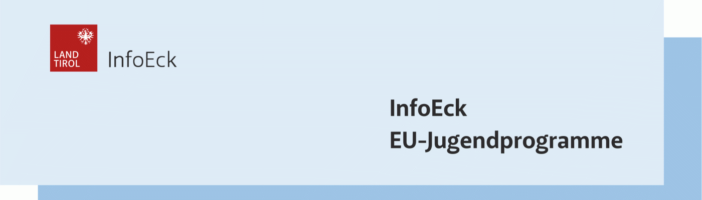 Blauer Balken mit InfoEck Logo und der Überschrift InfoEck EU-Jugendprogramme