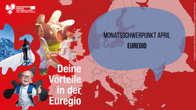 Europa-Karte auf rotem Hintergrund, blaue Sprechblase darin steht Monatsschwerpunkt April EUREGIO